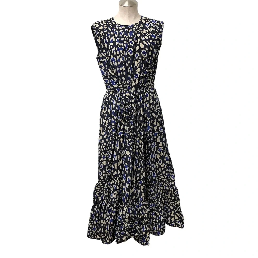 Adam Lippes Maxi Dress Womens 8 Blue Silk Blend Abstract Sleeveless Pockets